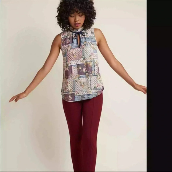 ModCloth Ruffled Tie Neck Patchwork Quilt Sleeveless Blouse Size Large L - Picture 2 of 7